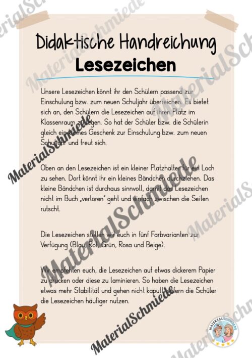 Lesezeichen für die Eulenklasse (Arbeitsblatt 01)