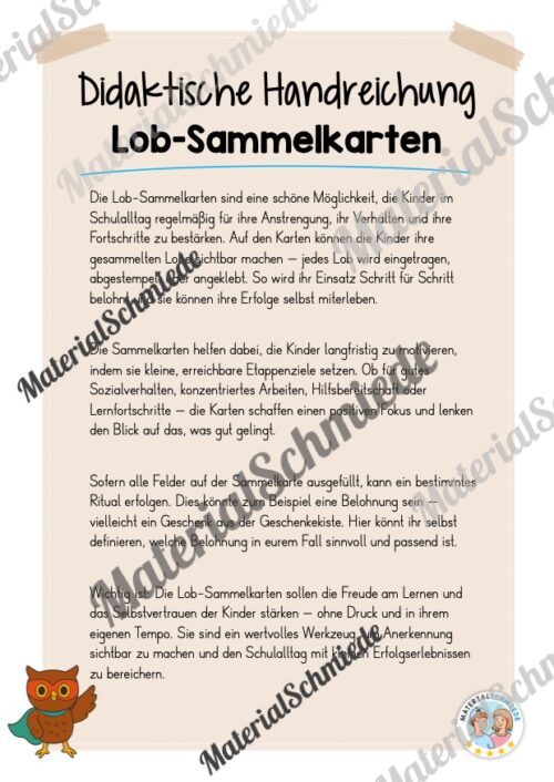 Lob-Sammelkarten für die Eulenklasse (Arbeitsblatt 01)