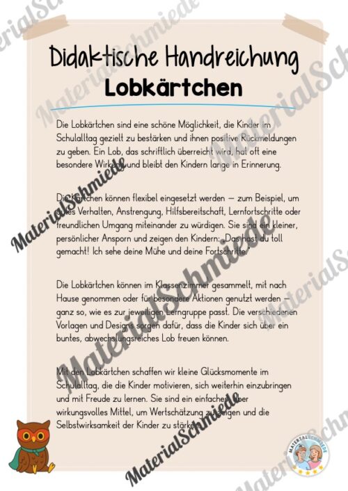 Lobkärtchen für die Eulenklasse (Arbeitsblatt 01)