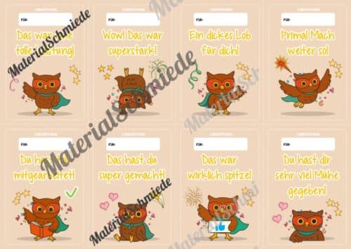 Lobkärtchen für die Eulenklasse (Arbeitsblatt 08)