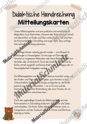Mitteilungskarten für die Eulenklasse (Arbeitsblatt 01)