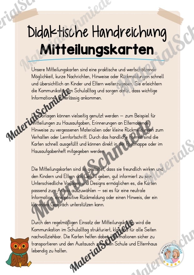 Mitteilungskarten für die Eulenklasse (Arbeitsblatt 01)