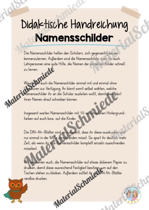 20 Namensschilder für die Eulenklasse (Arbeitsblatt 01)