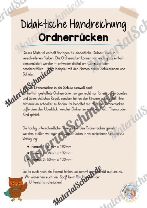 Ordnerrücken für die Eulenklasse (Arbeitsblatt 01)