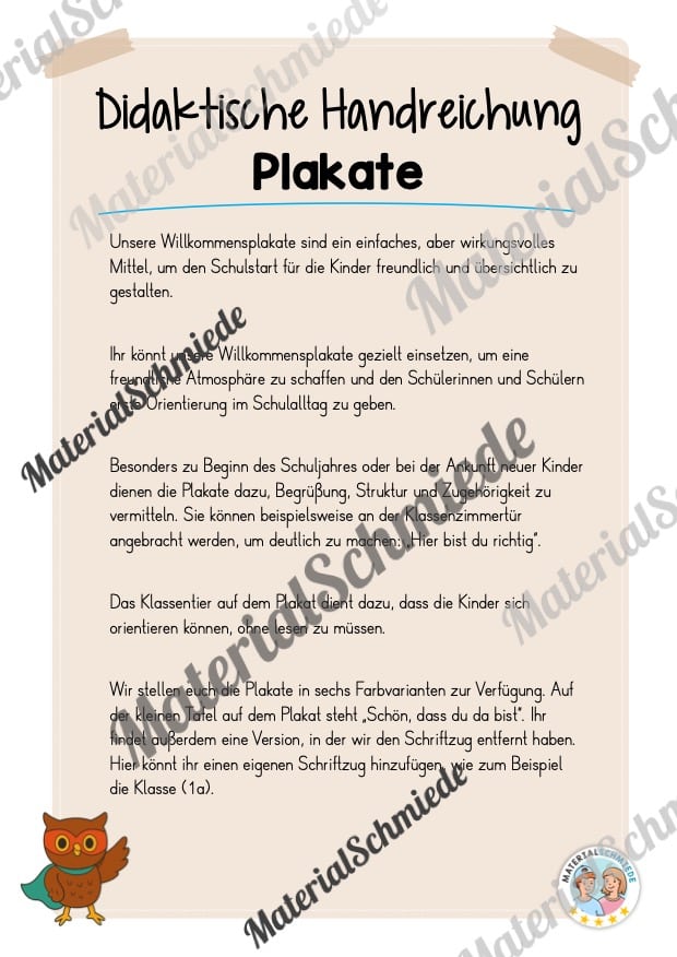 Willkommensplakate für die Eulenklasse (Arbeitsblatt 01)
