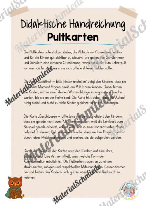 Pultkarten für die Eulenklasse (Arbeitsblatt 01)