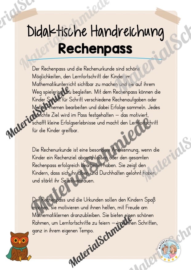 Rechenpass & Rechenurkunde für die Eulenklasse (Arbeitsblatt 01)