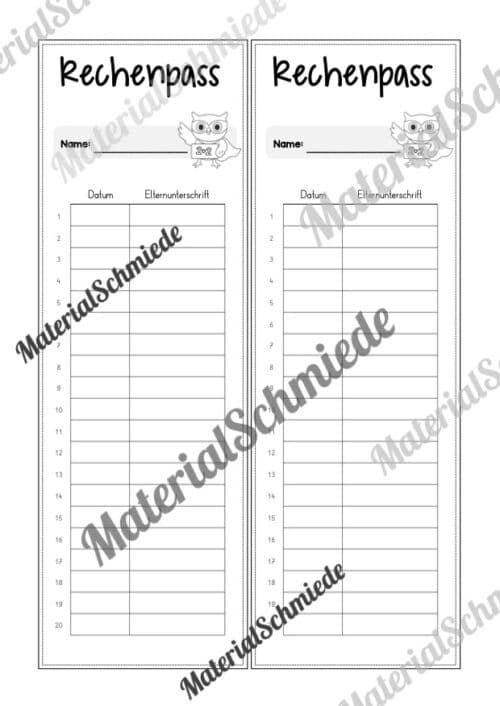 Rechenpass & Rechenurkunde für die Eulenklasse (Arbeitsblatt 12)