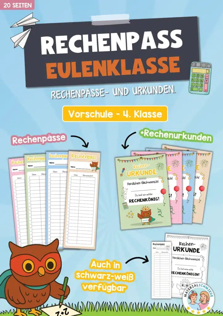 Rechenpass & Rechenurkunde für die Eulenklasse