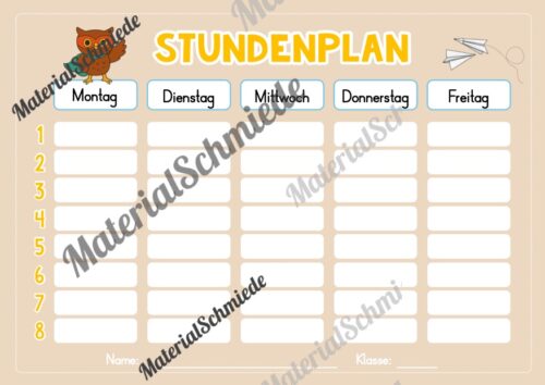Stundenplan für die Eulenklasse (Arbeitsblatt 09)