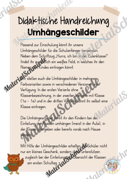 Umhängeschilder zur Einschulung für die Eulenklasse (Arbeitsblatt 01)