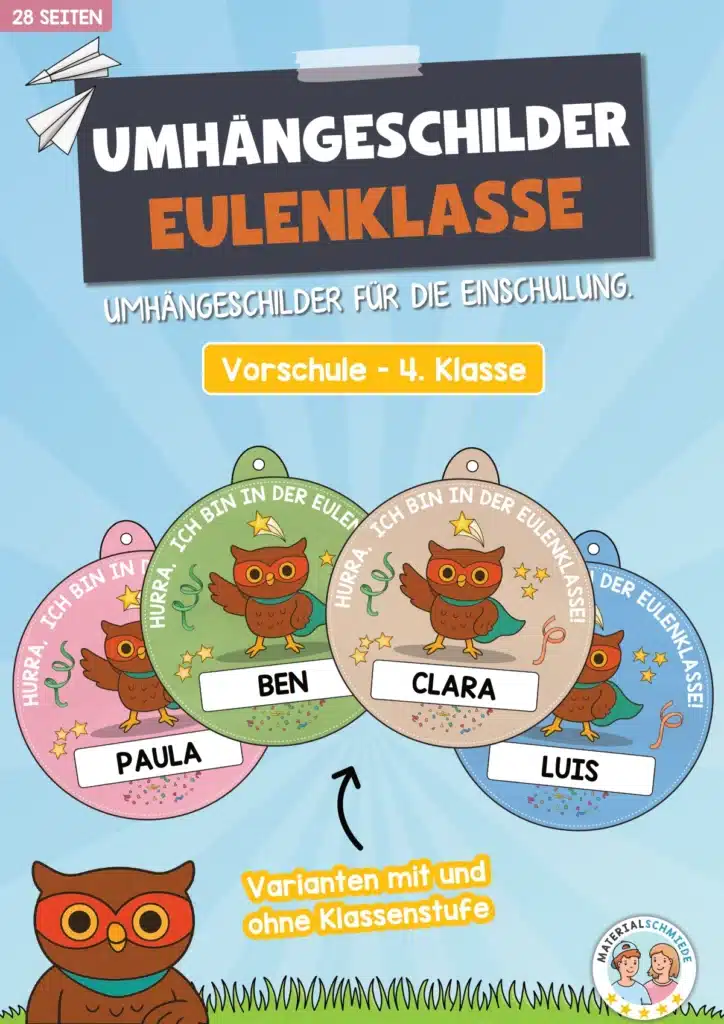 Umhängeschilder zur Einschulung für die Eulenklasse