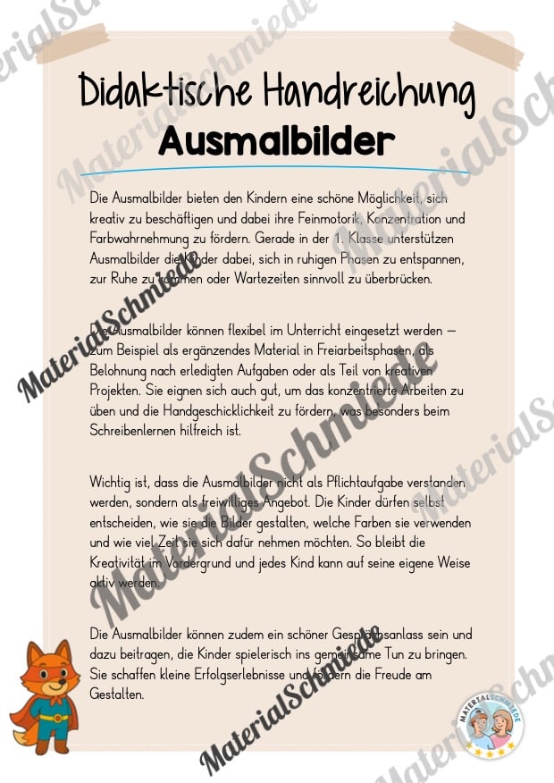 5 Ausmalbilder für die Fuchsklasse (Arbeitsblatt 01)