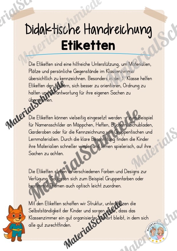 Etiketten für die Fuchsklasse (Arbeitsblatt 01)