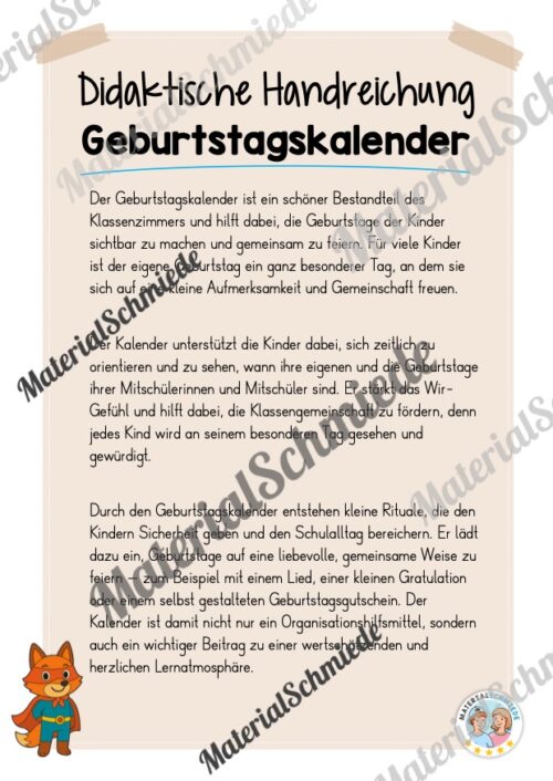 Geburtstagskalender für die Fuchsklasse (Arbeitsblatt 01)