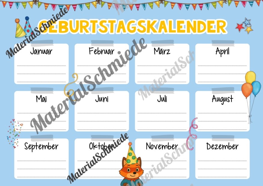 Geburtstagskalender für die Fuchsklasse (Arbeitsblatt 02)
