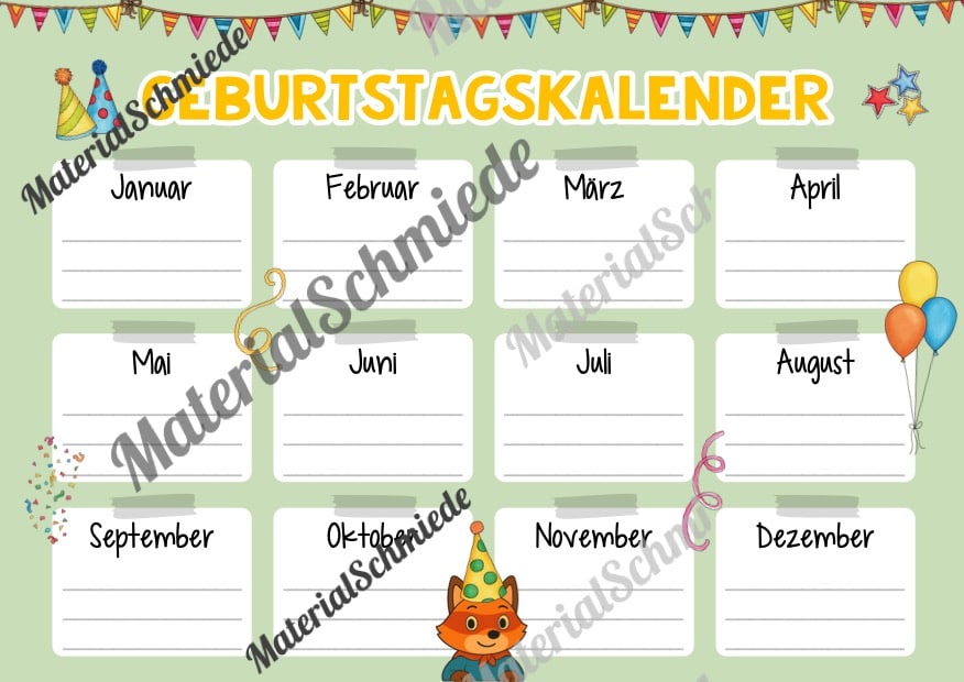 Geburtstagskalender für die Fuchsklasse (Arbeitsblatt 04)