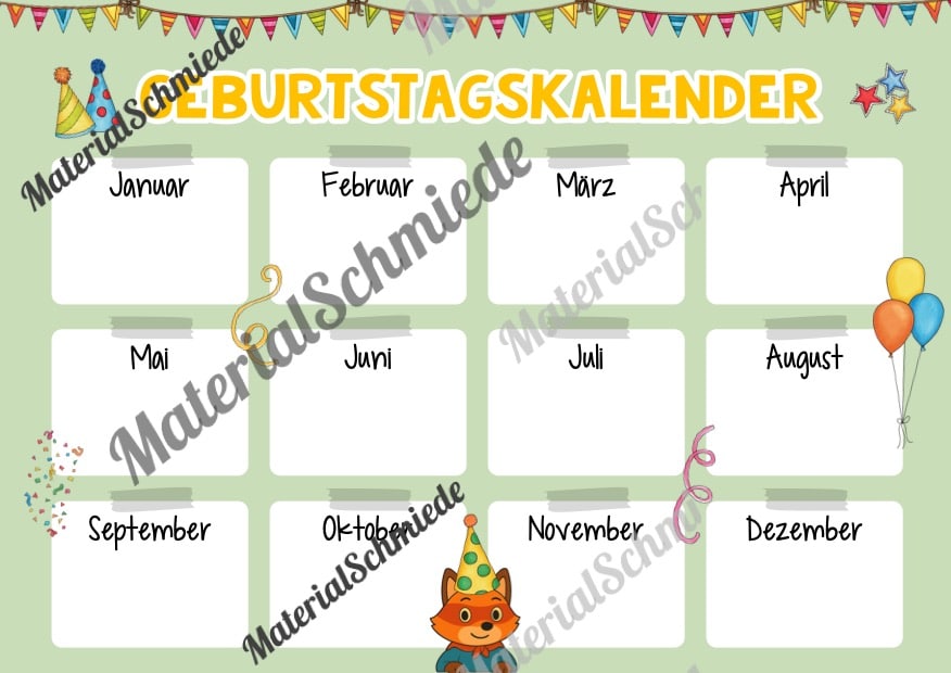Geburtstagskalender für die Fuchsklasse (Arbeitsblatt 08)