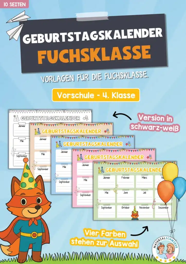 Geburtstagskalender für die Fuchsklasse (5 Vorlagen)