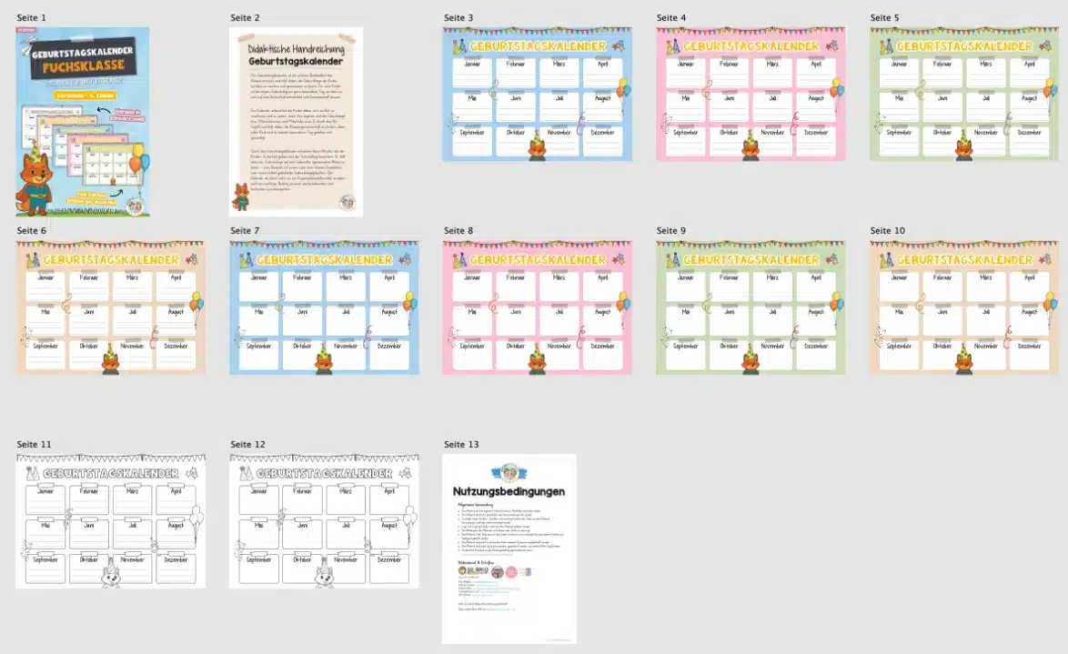 Geburtstagskalender für die Fuchsklasse (Überblick)