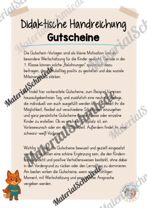 Gutscheine für die Fuchsklasse (Arbeitsblatt 01)