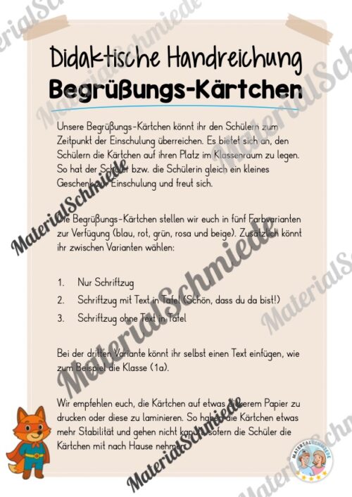 Begrüßungs-Kärtchen für die Fuchsklasse (Arbeitsblatt 01)