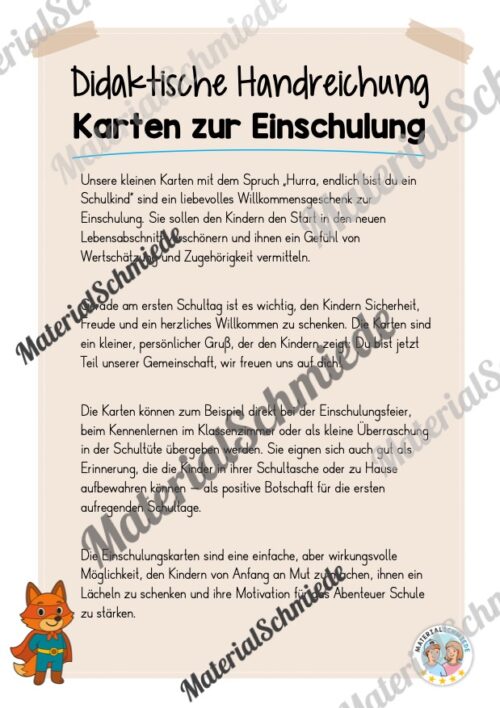 Karten zur Einschulung für die Fuchsklasse (Arbeitsblatt 01)