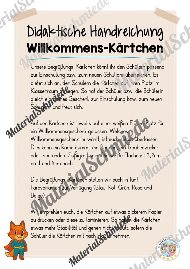 Geschenk-Kärtchen für die Fuchsklasse (Arbeitsblatt 01)