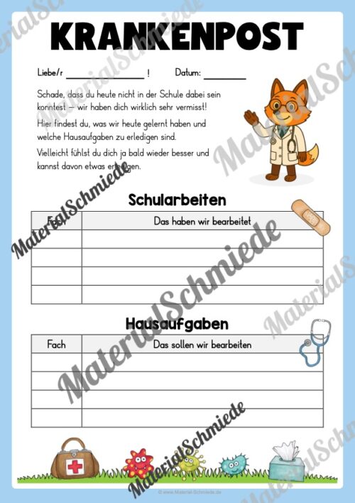 Krankenmappe für die Fuchsklasse (Arbeitsblatt 10)
