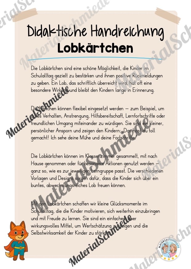 Lobkärtchen für die Fuchsklasse (Arbeitsblatt 01)