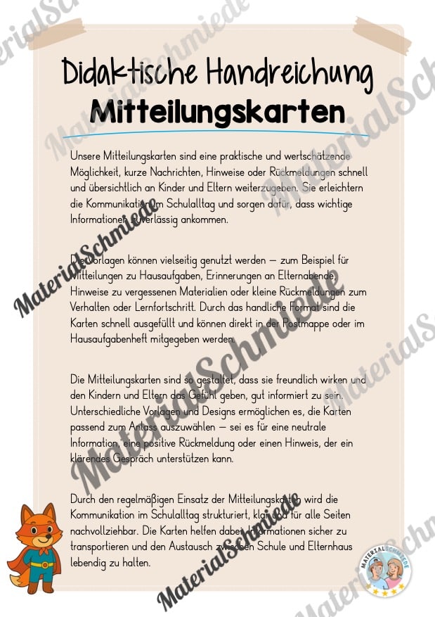 Mitteilungskarten für die Fuchsklasse (Arbeitsblatt 01)