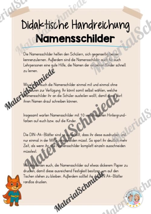 20 Namensschilder für die Fuchsklasse (Arbeitsblatt 01)