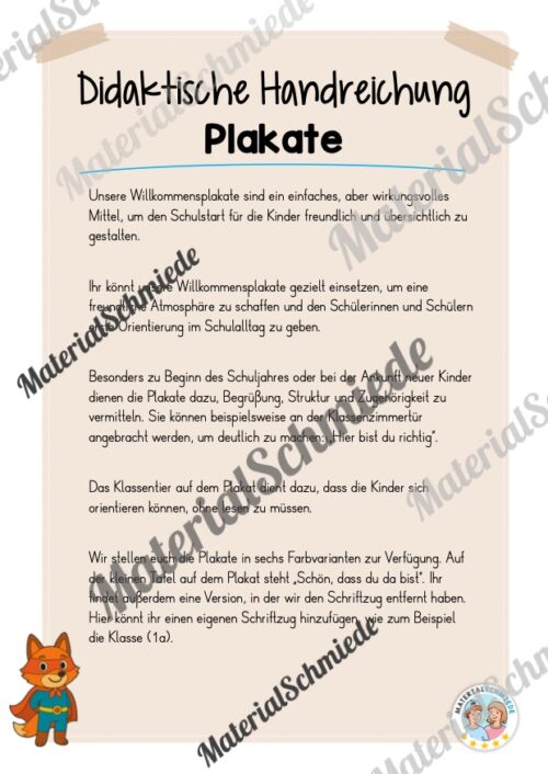 Willkommensplakate für die Fuchsklasse (Arbeitsblatt 01)