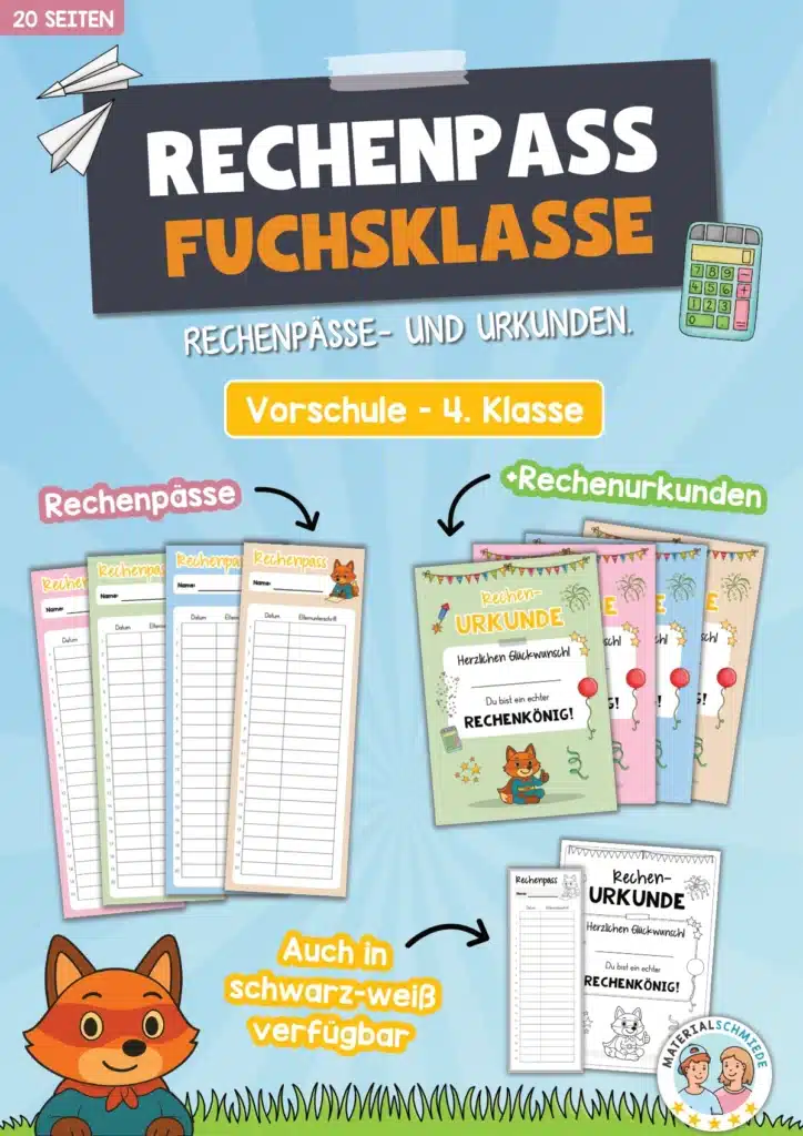 Rechenpass & Rechenurkunde für die Fuchsklasse