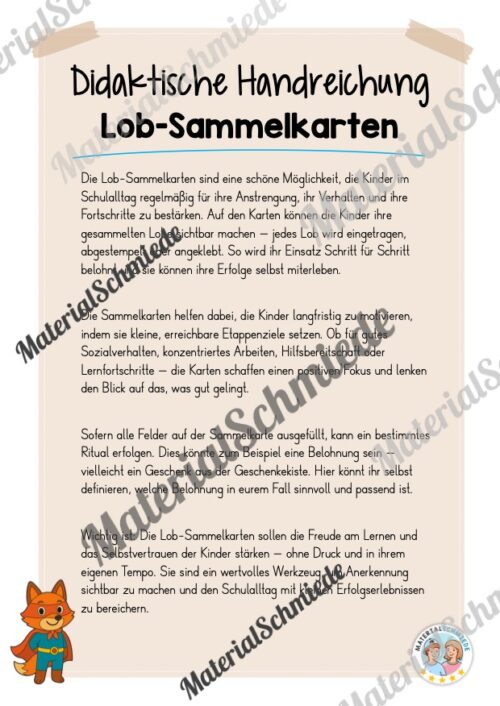 Lob-Sammelkarten für die Fuchsklasse (Arbeitsblatt 01)