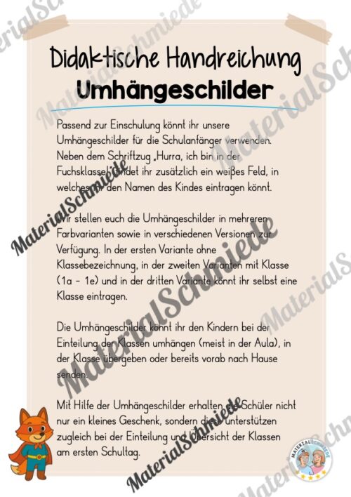 Umhängeschilder zur Einschulung für die Fuchsklasse (Arbeitsblatt 01)