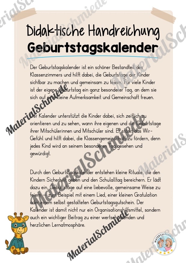 Geburtstagskalender für die Giraffenklasse (Arbeitsblatt 01)