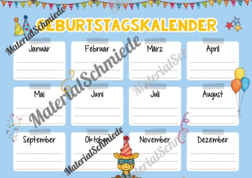 Geburtstagskalender für die Giraffenklasse (Arbeitsblatt 02)