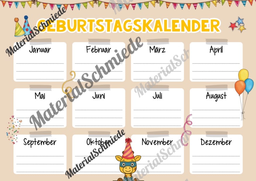 Geburtstagskalender für die Giraffenklasse (Arbeitsblatt 05)