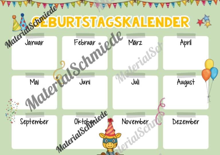 Geburtstagskalender für die Giraffenklasse (Arbeitsblatt 08)