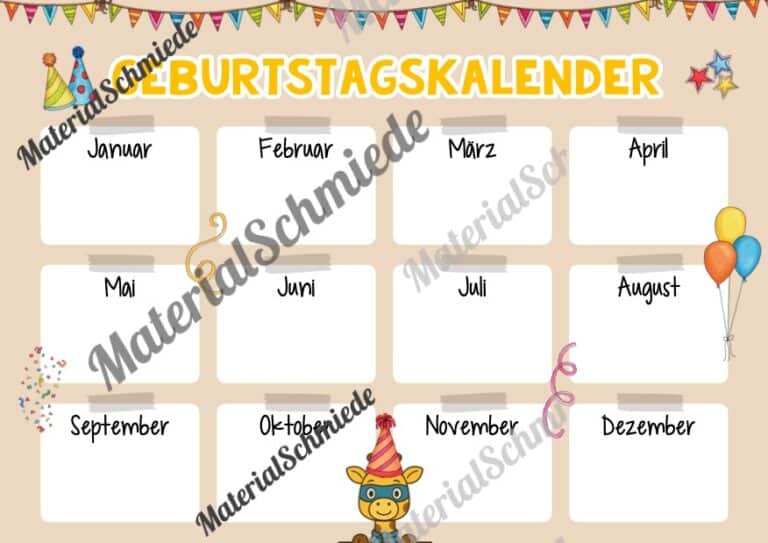 Geburtstagskalender für die Giraffenklasse (Arbeitsblatt 09)