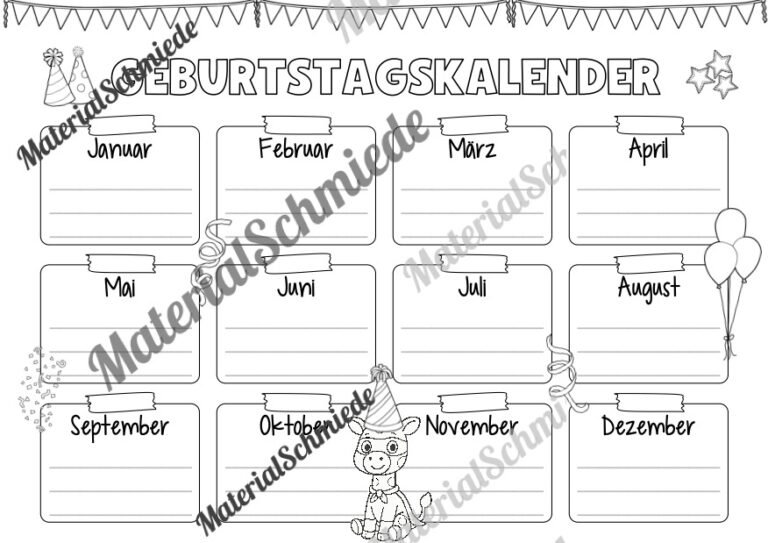 Geburtstagskalender für die Giraffenklasse (Arbeitsblatt 10)