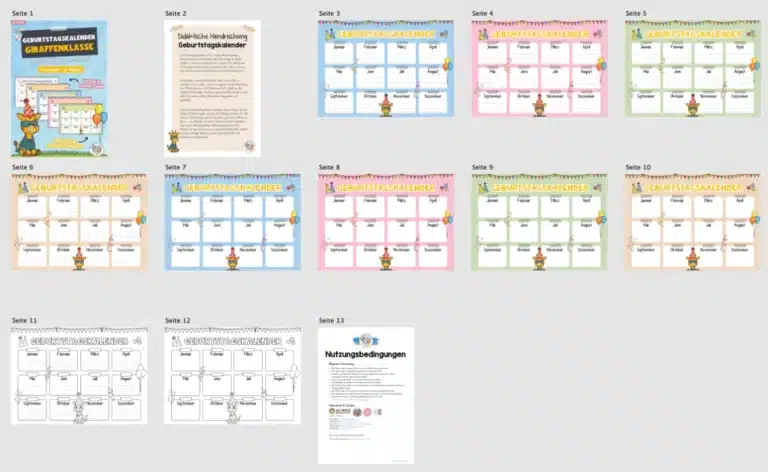 Geburtstagskalender für die Giraffenklasse (Überblick)
