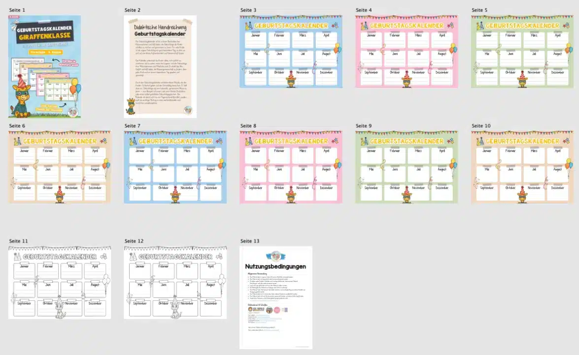 Geburtstagskalender für die Giraffenklasse (Überblick)