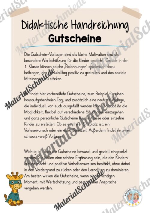 Gutscheine für die Giraffenklasse (Arbeitsblatt 01)
