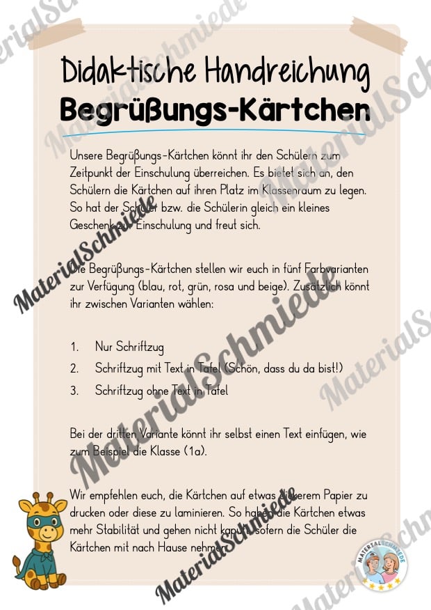 Begrüßungs-Kärtchen für die Giraffenklasse (Arbeitsblatt 01)