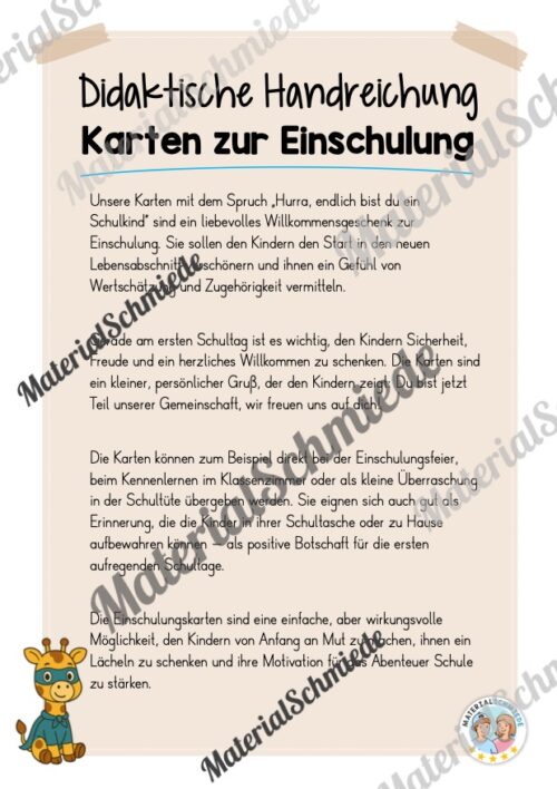 Karten zur Einschulung für die Giraffenklasse (Arbeitsblatt 01)