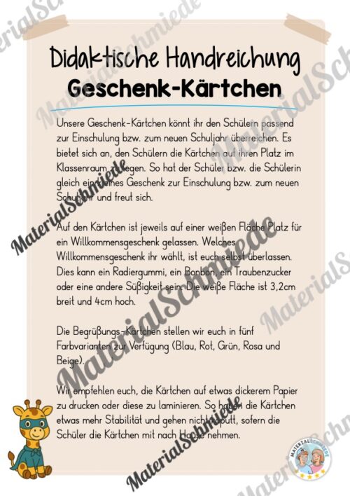 Geschenk-Kärtchen für die Giraffenklasse (Arbeitsblatt 01)