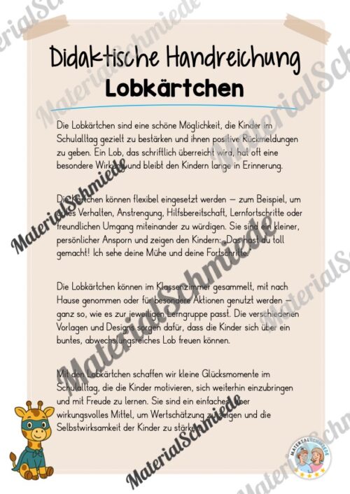 Lobkärtchen für die Giraffenklasse (Arbeitsblatt 01)
