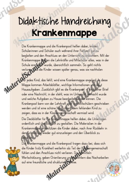 Krankenmappe für die Giraffenklasse (Arbeitsblatt 01)